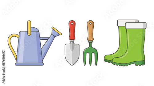 Illustration of essential gardening tools including a blue watering can, a trowel, a hand fork, and green wellington boots for outdoor work.