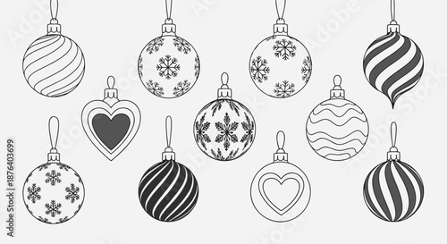 Set of black and white outline drawings of various Christmas baubles and ornaments with different festive patterns.