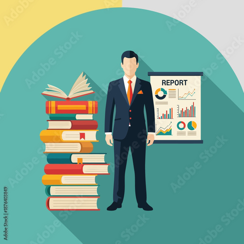 Professional businessman stands confidently beside a tall stack of educational books and a financial report presentation chart.
