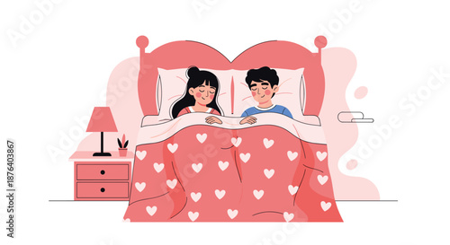 Young couple sleeping soundly in a cozy bed under a heart patterned blanket with a bedside lamp and nightstand.
