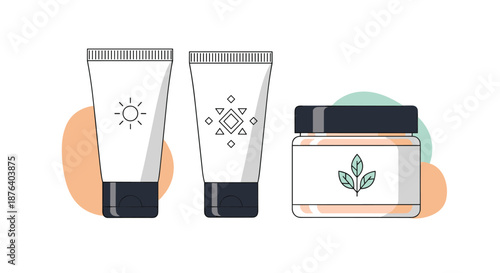 Cosmetic skincare set with sunscreen tubes and a moisturizer jar for sun protection and healthy skin care.