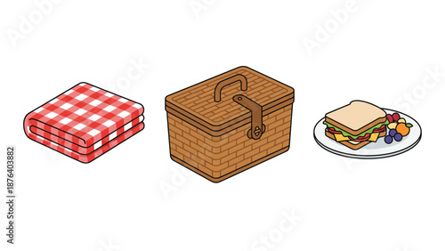 Isometric illustration depicting classic picnic items including a red checkered blanket, a wicker basket, and a plate with a sandwich and fruit.