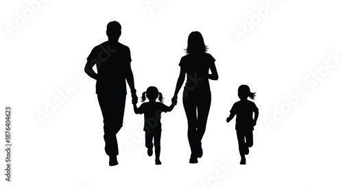 a family of four walking together hand in hand silhouette high quality professional detailed modern elegant
