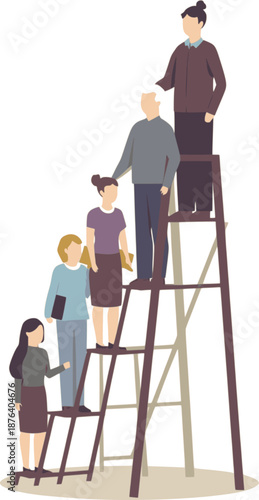 vector illustration of human silhouettes forming ladder structure. Seniors stand safely at top while younger generations form the lower steps, symbolizing intergenerational support and dynamics