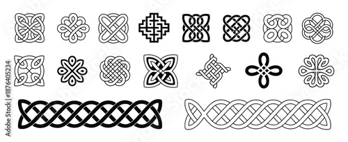 Celtic borders and knots, showcasing classic braided ornament design with repeat seamless pattern blocks for decorative frame applications.