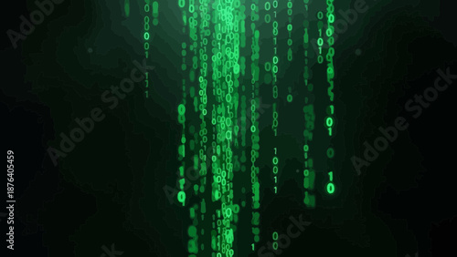 Abstract digital rain background with glowing green binary code strings