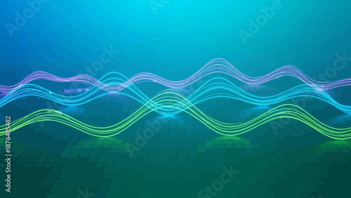 Abstract digital wave background with neon glowing light effect and blue gradient