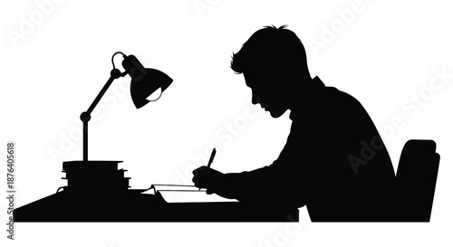 a person sitting at a desk writing with a lamp on a stack of books silhouette