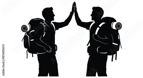 two hikers with backpacks giving high five in black silhouette high quality professional detailed modern elegant