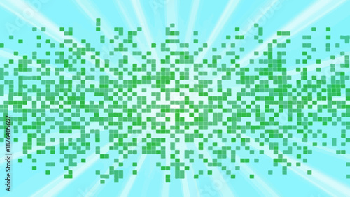 Abstract mosaic background with green squares and light blue rays pattern
