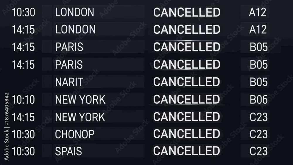 Fototapeta premium Airport flight information display showing cancelled flights to various destinations