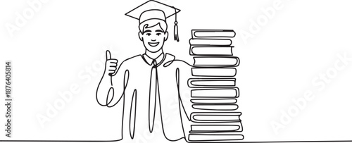One line drawing of young happy graduate male college student wearing graduation uniform and giving thumbs up gesture in front of books stack. Education concept. one line Icon drawing