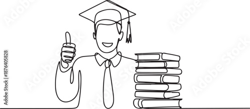 One line drawing of young happy graduate male college student wearing graduation uniform and giving thumbs up gesture in front of books stack. Education concept. one line Icon drawing