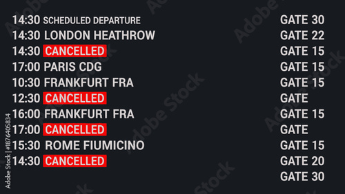 Airport Flight Information Display Showing Cancellations and Scheduled Departures