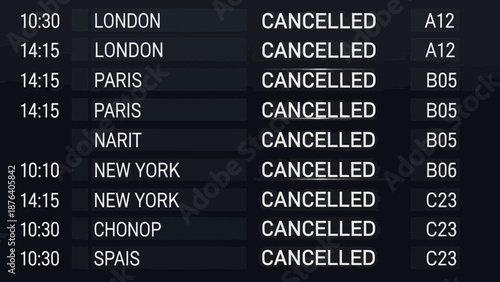 Airport flight information display showing cancelled flights to various destinations