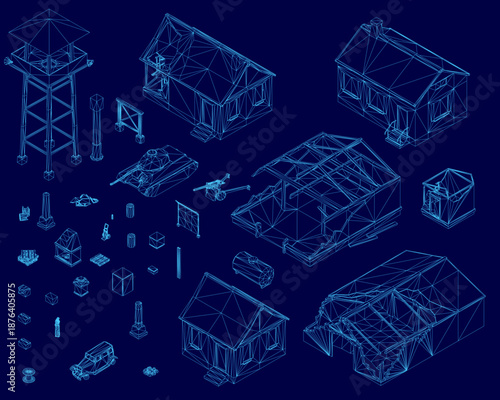 A military blueprint details strategic buildings and weapon placements for urban assault scenarios. The complex plan includes towers and structures targeted for tactical destruction. Isometric view