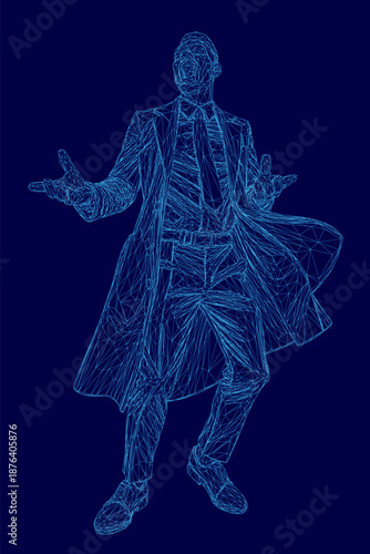 A man in a fashionable trench coat stands with arms outstretched against a blue background. This wireframe art style depicts a popular science fiction character.