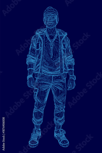 A young man in a wireframe hoodie and glasses stands against a dark blue digital background.