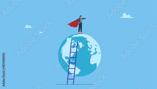Businesswoman superhero on world planet earth pointing direction. World woman leader, feminism or female CEO to lead international company, superhero lady to point direction for future success.
