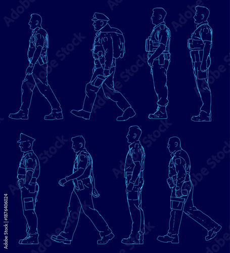 Uniformed police officers walk in varied poses, each carrying a bag and equipped with a pistol against a deep blue background. Side view