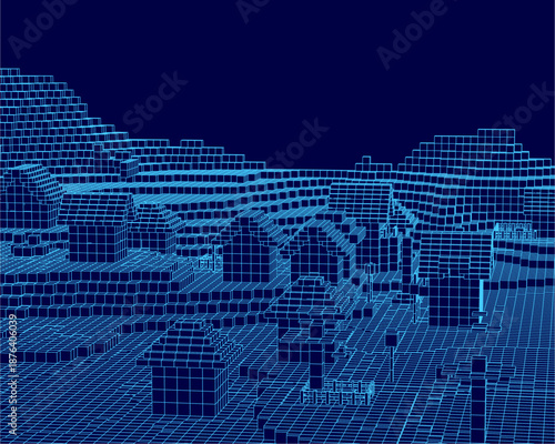 A low poly city blueprint on a blue background features cube buildings in a grid pattern, evoking a bustling metropolis on vast plains.