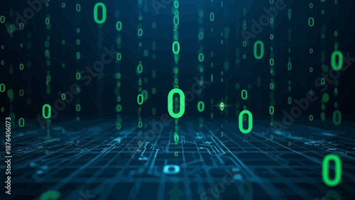 Digital Data Stream: Binary Code Flowing on a Circuit Board Background