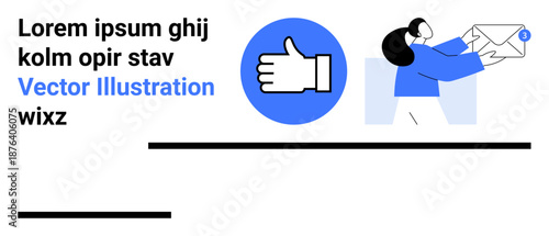 Social media, online communication, email notifications, digital interactions, branding, information sharing. A thumbs-up icon next to a person holding an envelope. Social media and online