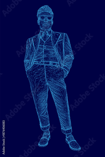 A man in a suit and tie stands with his hands in his pockets, rendered in a detailed blue wireframe style.