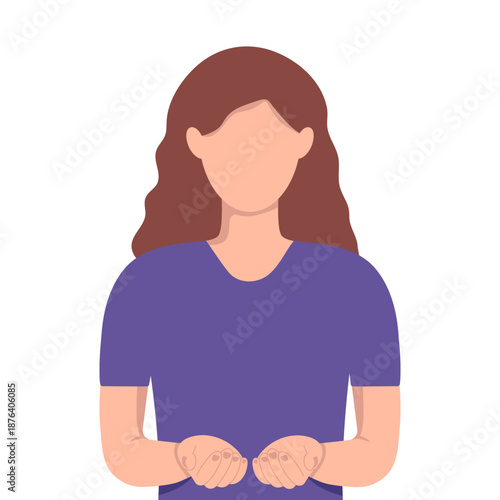A Woman with cupped hands out front in faceless style. Female character with IWD 2026 pose to show solidarity. GivetoGain International Women's day 8 March girl for banner poster card social media.