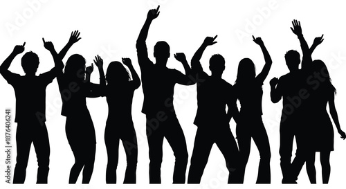 a group of people standing together with raised hands in a celebratory silhouette high quality professional