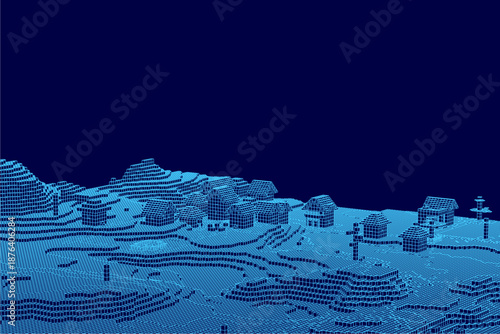 Low poly pixel art village on vast plains features cubic buildings and simple poles under a blue sky.