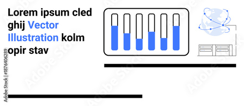 Bar chart with six data columns, global network graphic, rectangular modules, and placeholder text in modern minimalist style. Ideal for data analysis, statistics, technology, education, research