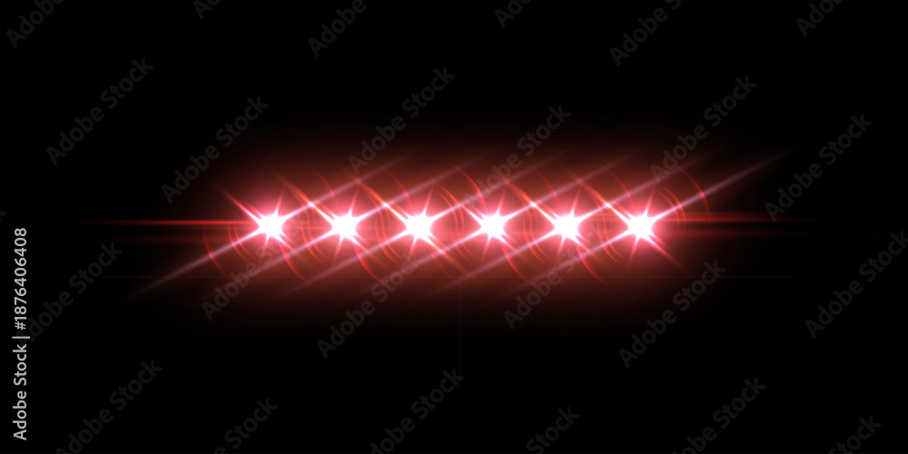 Fototapeta premium Red emergency car lights. Police siren flashing. Bright lights of ambulance auto with radiant beams and smooth reflection halos. Realistic vector illustration in dynamic luminous style.