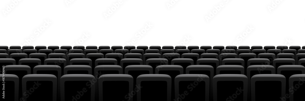 Fototapeta premium Cinema, theater chair screen background with rows of black seats facing bright empty space. Movie atmosphere created by deep shadows and clean perspective. Seamless realistic vector illustration.