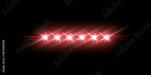 Red emergency car lights. Police siren flashing. Bright lights of ambulance auto with radiant beams and smooth reflection halos. Realistic vector illustration in dynamic luminous style.