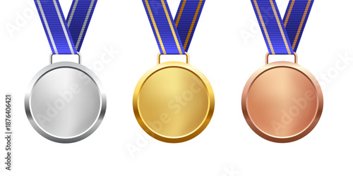 Gold, silver, and bronze medals. Realistic 3D award medals with blue ribbons, symbolizing first, second, and third place in sports, competitions, and athletic events. Vector illustration.