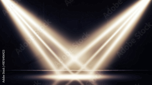 Dramatic spotlights illuminate a stage or presentation backdrop with style