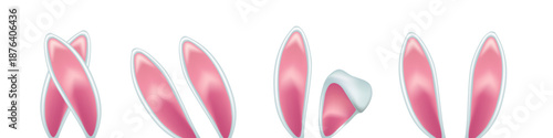 Easter bunny ears. Pink and white rabbit ear headbands in multiple shapes and positions. Easter kid, girl, woman costume designs elements. Realistic 3d vector illustrations set.