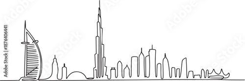 Single continuous line drawing of Dubai city skyline, United Arab Emirates. Famous city landscape wall decor art poster print. World travel concept. one line Icon drawing