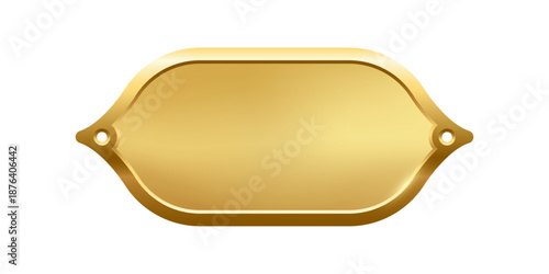 Blank golden nameplate plaque with screw holes. Empty metallic oval label for engraving, signage, awards, door signs. Realistic vector illustration