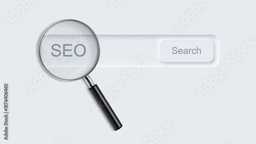 SEO background. Search magnifying glass interface on light with large lens placed over search bar. Marketing modern UI element. Minimal vector illustration in neomorphism style.