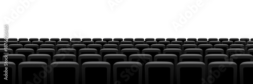 Cinema, theater chair screen background with rows of black seats facing bright empty space. Movie atmosphere created by deep shadows and clean perspective. Seamless realistic vector illustration.