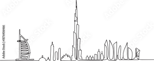 Single continuous line drawing of Dubai city skyline, United Arab Emirates. Famous city landscape wall decor art poster print. World travel concept. one line Icon drawing