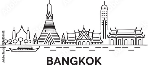 Bangkok thailand city skyline line drawing featuring wat landmarks river boat transportation icons