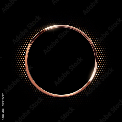 Bronze circle frame with dotted halftone light effect. Circular glowing metallic ring, button, stamp, emblem, sticker, label. Modern luxury abstract vector illustration.