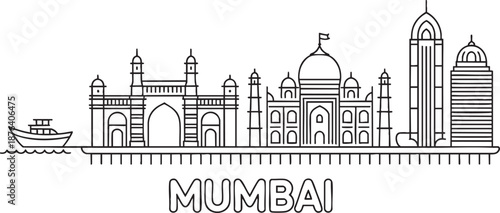 Detailed mumbai city skyline linear vector design with famous buildings and waterfront scenery