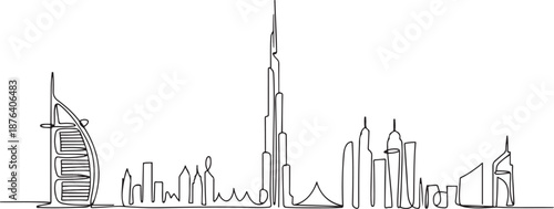 Single continuous line drawing of Dubai city skyline, United Arab Emirates. Famous city landscape wall decor art poster print. World travel concept. one line Icon drawing