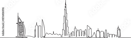 Single continuous line drawing of Dubai city skyline, United Arab Emirates. Famous city landscape wall decor art poster print. World travel concept. one line Icon drawing