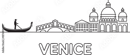 Linear vector silhouette of venice city with gondola and bridge for tourism
