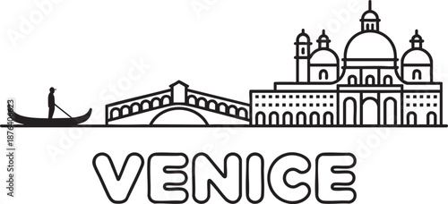 Linear vector silhouette of venice city with gondola and bridge for tourism